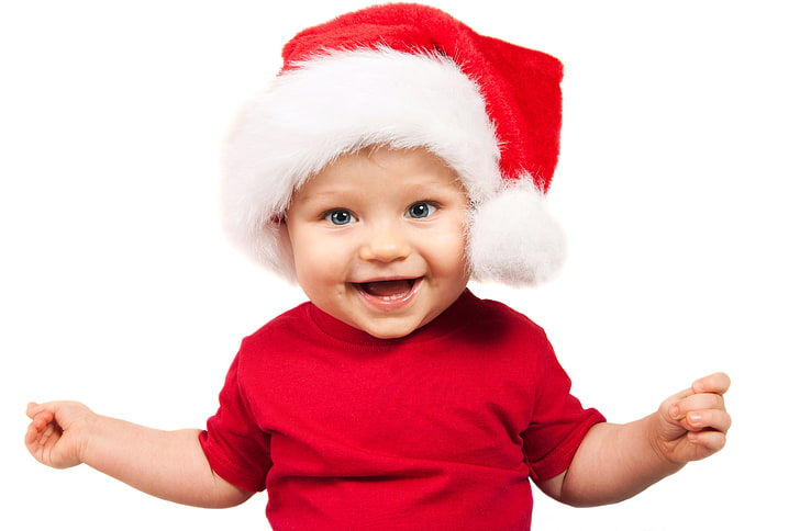 червена риза и коледна шапка на малко дете, деца, Нова година, човек, щастлива, весела Коледа, очарователно забавно красиво дете, насладете се на коледна шапка, очарователна забавна красива, насладете се на коледна шапка, HD тапет