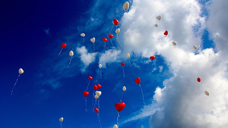 пухкави облаци, синьо небе, небе, балони, балон, летящ, летящ, облаци, лазурен, небе, HD тапет