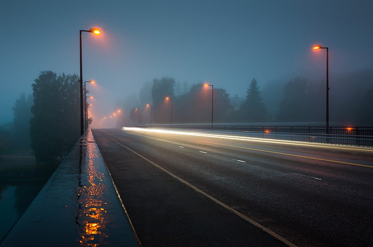 фотография, градско, мъгла, дъжд, път, мост, дълго излагане, HD тапет