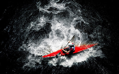красный байдарка, спорт, гребля, лодка, человек, река, вода, HD обои HD wallpaper