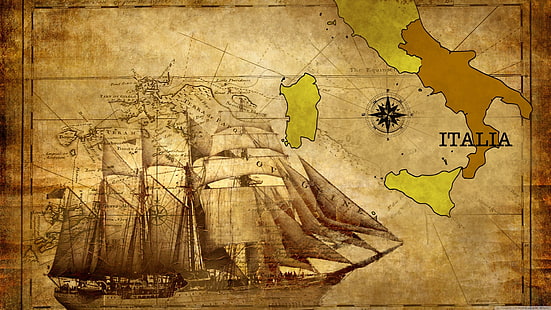 viejo, mapa, Italia, Calabria, histórico, brújula, buque, barco, Fondo de pantalla HD HD wallpaper