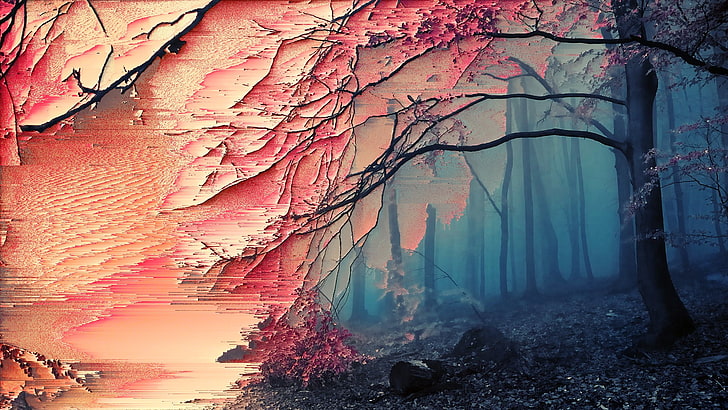 pintura de bosque de árbol desnudo, arte glitch, sakura (árbol), bosque, árboles, Fondo de pantalla HD