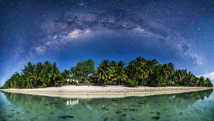 island, beach, stars, sky, Milky Way, tropical, HD wallpaper