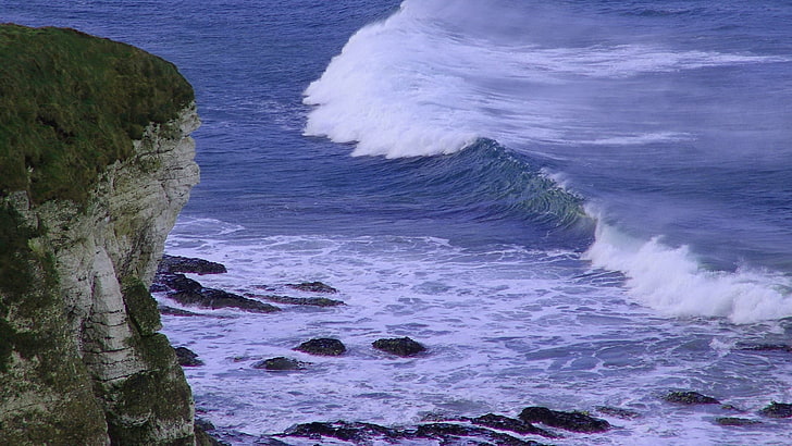 montanha cinza, quebra, mar, ondas, rocha, HD papel de parede