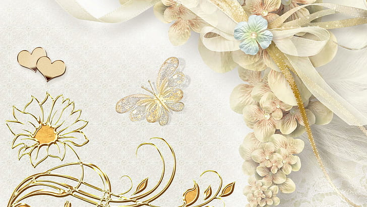 Memories Are Made Of This, bows, romatnic, ribbons, butterfly, flowers, lace, love, gold, pearls, hearts, daisy, 3d and abstract, HD wallpaper