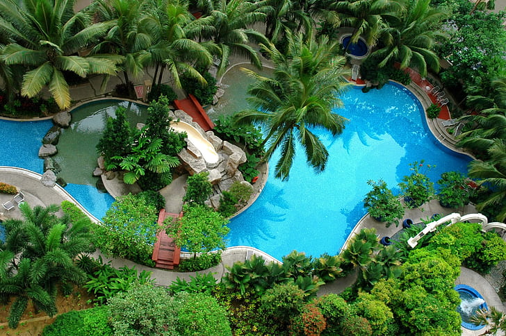 Eksterior kolam renang, kolam renang, kolam renang, eksterior, kolam renang, pohon kelapa, batu, slide, jacuzzi suite, Wallpaper HD