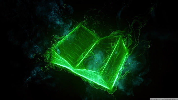 fondo de pantalla 3D de libro verde, libros, verde, arte digital, negro, Fondo de pantalla HD