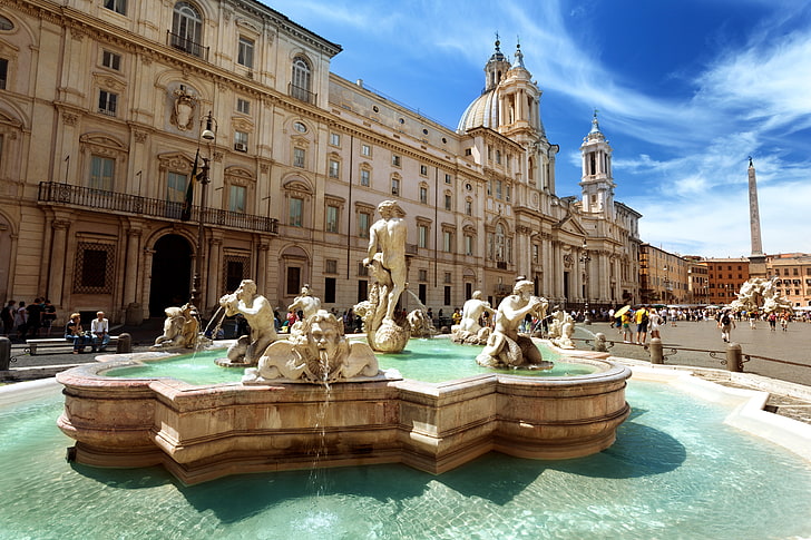 brown concrete building and fountain, the city, people, area, Rome, Italy, Church, architecture, Piazza Navona, Basilica Sant’Agnese in Agone, Fountain of the Moor, Basilica of Sant'agnese in agone, The Fountain Of The Moor, HD wallpaper