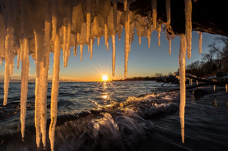zima, zachód słońca, jezioro, sople lodu, Kanada, jezioro Ontario, Tapety HD