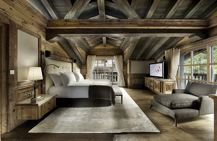 cómoda marrón y armazón de cama, interior, cama, almohadas, alfombra, diseño de madera, habitación, dormitorio, Fondo de pantalla HD
