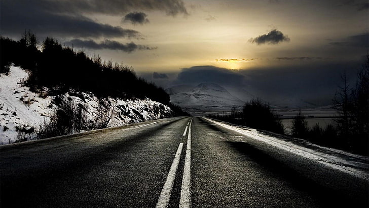 road, marking, asphalt, way, endless, winter, sky, landscape, evening, darkness, HD wallpaper