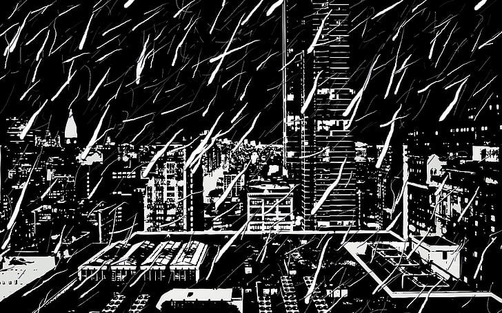 monochromatyczne budynki cyfrowe tapety, Sin City, pejzaż miejski, grafika, Tapety HD