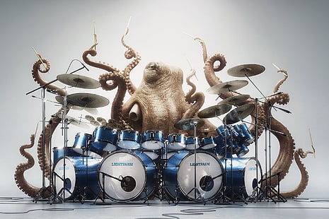 set drum biru, seni digital, humor, kreativitas, hewan, gurita, drum, drummer, bermain, musik, latar belakang putih, Wallpaper HD HD wallpaper