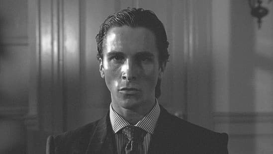 Christian Bale, siyah beyaz, gürültü, Amerikan Sapık, insanlar, patrick bateman, HD masaüstü duvar kağıdı HD wallpaper