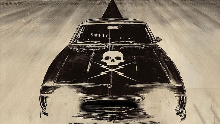 black vehicle illustration, movies, Death Proof, skull, car, muscle cars, Grindhouse, digital art, HD wallpaper