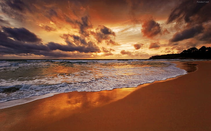 fale, zachód słońca, plaża, morze, chmury, piasek, Tapety HD