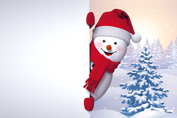ภาพประกอบสโนว์แมนสีขาวและแดง, มนุษย์หิมะ, มีความสุข, ฤดูหนาว, หิมะ, น่ารัก, วอลล์เปเปอร์ HD
