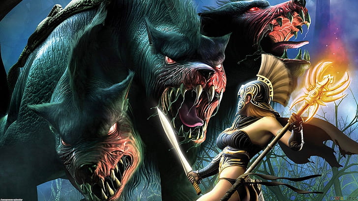 Cerberus Fight Battle HD, cerberus and woman spartan artwork, fantasy, fight, battle, cerberus, HD wallpaper