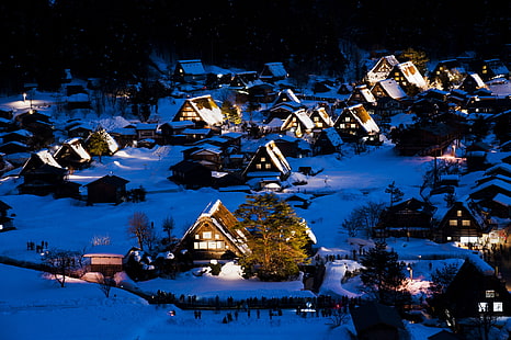 musim dingin, salju, malam, lampu, rumah, Jepang, pulau Honshu, Gokayama, Shirakawa-go, Wallpaper HD HD wallpaper