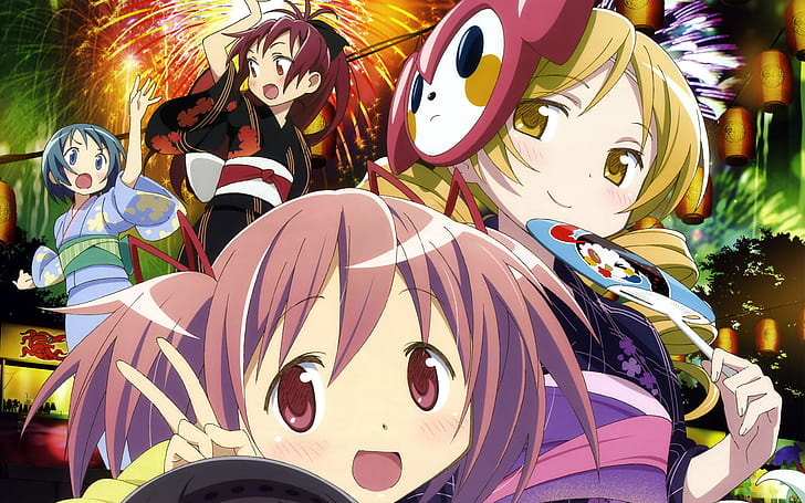 Anime, Puella Magi Madoka Magica, Kyōko Sakura, Madoka Kaname, Mami Tomoe, Sayaka Miki, HD wallpaper