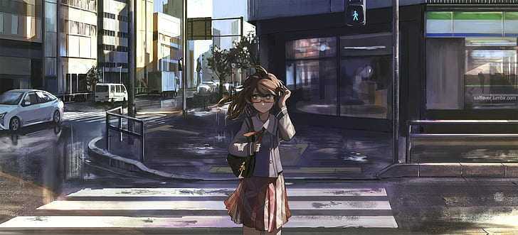anime, gadis anime, kota, rambut panjang, berambut cokelat, mata cokelat, kacamata, jalanan, Wallpaper HD