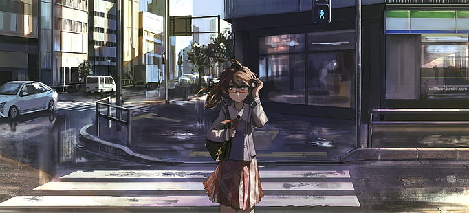 anime, chicas anime, ciudad, cabello largo, morena, ojos marrones, gafas, calle, Fondo de pantalla HD HD wallpaper