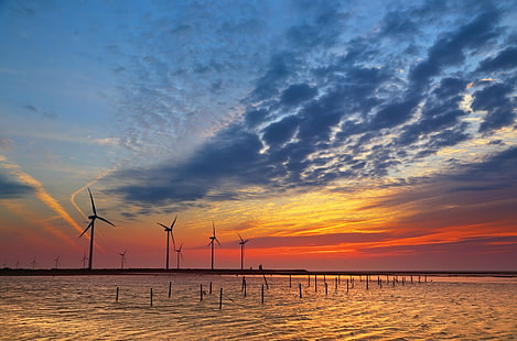 four black wind mills during sunset, Cloudy, Clouds, black wind, mills, sunset, 夕, 夕陽, landscape, TIDE, electricity, turbine, generator, nature, wind Turbine, fuel and Power Generation, energy, environment, sky, technology, wind, power Supply, power, dusk, wind Power, recycling, sun, sunrise - Dawn, power Line, alternative Energy, HD wallpaper HD wallpaper