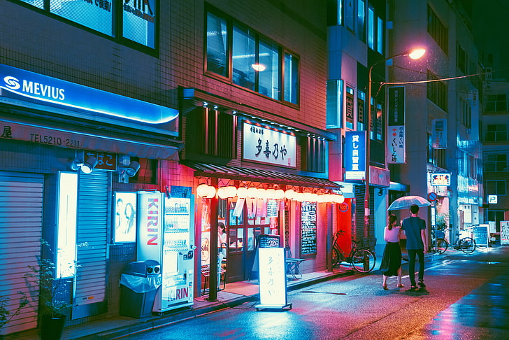 المظلة الزرقاء ، الشارع ، الطريق ، النيون ، اليابانية، خلفية HD