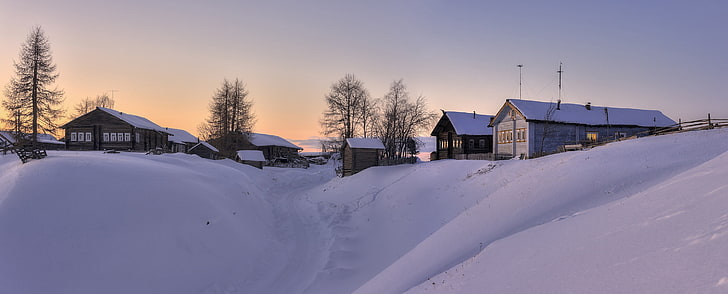Russie, neige, village, hiver, Fond d'écran HD