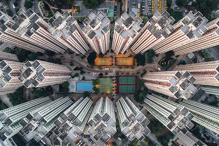 Aerial View, Andy Yeung, architecture, building, city, Cityscape, Drone, Hong Kong, photography, road, Skyscraper, swimming Pool, Tennis Courts, Trees, HD wallpaper