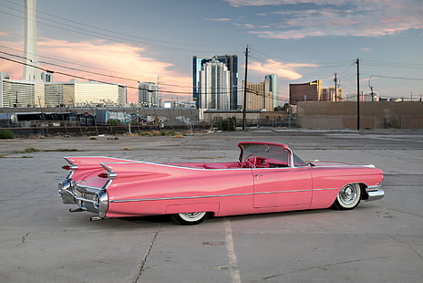 розовый кабриолет купе, ретро, ​​кабриолет, 1959, Cadillac Convertible, HD обои HD wallpaper