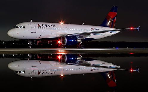 white Delta airplane, aircraft, passenger aircraft, night, reflection, HD wallpaper HD wallpaper