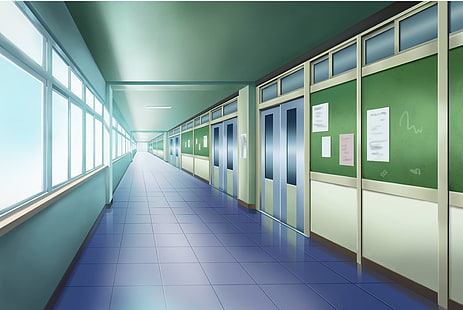Аниме, оригинал, коридор, училище, HD тапет HD wallpaper