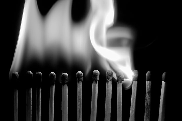 grayscale photography of lighted matches, Infection, grayscale, photography, Nex-7, Canon  FD, Macro, Matches, TableTop, Black  White, BW, Inflamed, flame, infected, fire - Natural Phenomenon, matchstick, match, burning, igniting, heat - Temperature, burnt, HD wallpaper