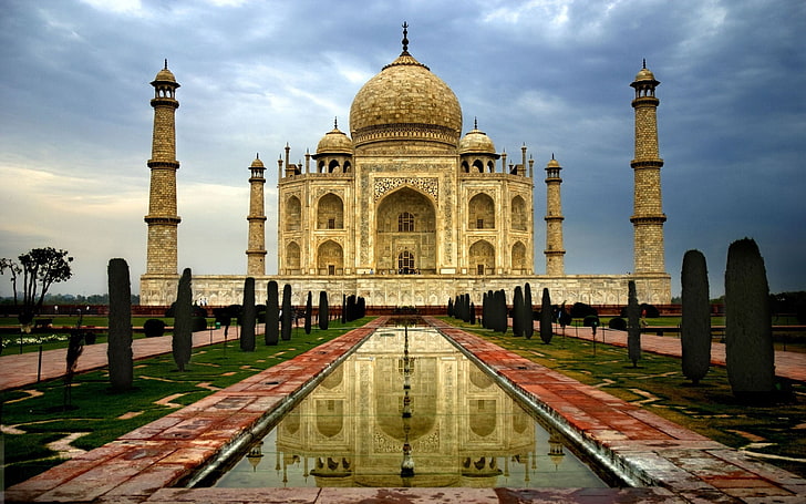 braunes und weißes konkretes Gebäude, Architektur, Mausoleum, Gebäude, Inder, Taj Mahal, uralt, Wasser, Bäume, HD-Hintergrundbild