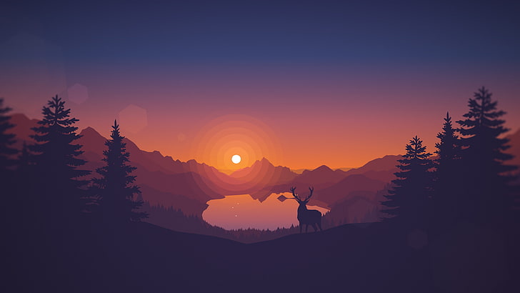 animals, artwork, Clear Sky, Deer, digital art, drawing, Firewatch, Hills, lake, landscape, nature, Pine Trees, Silhouette, sunset, Trees, vector, video games, Warm Colors, HD wallpaper