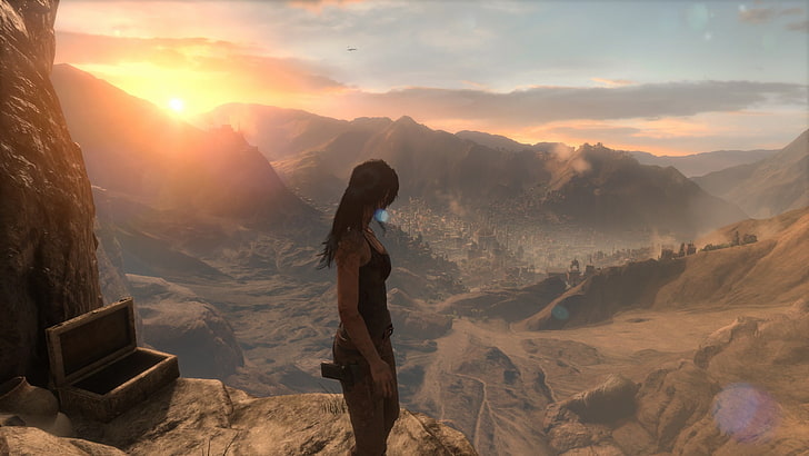 женский черный топ с ремешком спагетти, Rise of the Tomb Raider, Лара Крофт, Tomb Raider, смотрит вдаль, HD обои