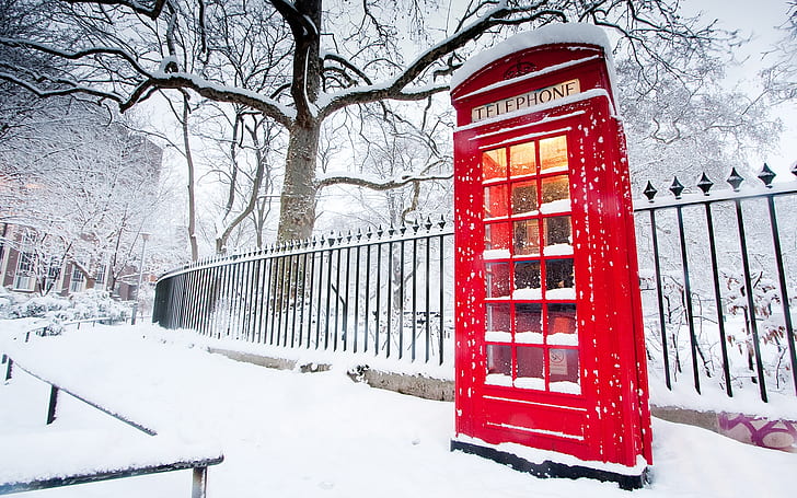 English Phone Booth, winter, snow, background, HD wallpaper