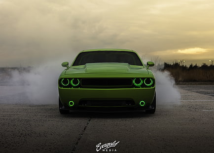 кола, зелени коли, дим, Dodge, Dodge Challenger, HD тапет HD wallpaper