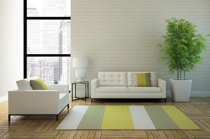 set sofa 2-potong kulit putih berumbai, sofa, gedung pencakar langit, interior, kantor, sofa, desain penuh gaya, Wallpaper HD