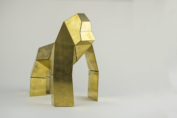 gold geometric shape gorilla figurine, gorillas, sculpture, imagination, minimalism, HD wallpaper