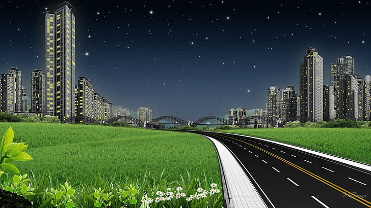 Road To City, grey tap road and high rise building during day time illustration, stars, bridge, park, grass, highway, buidlings, flowers, road, city, sky scrapers, animals, HD wallpaper