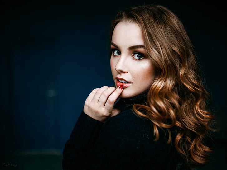women, face, portrait, finger on lips, looking at viewer, wavy hair, model, Julia Tavrina, blonde, red nails, Ivan Proskurin, 500px, sweater, HD wallpaper