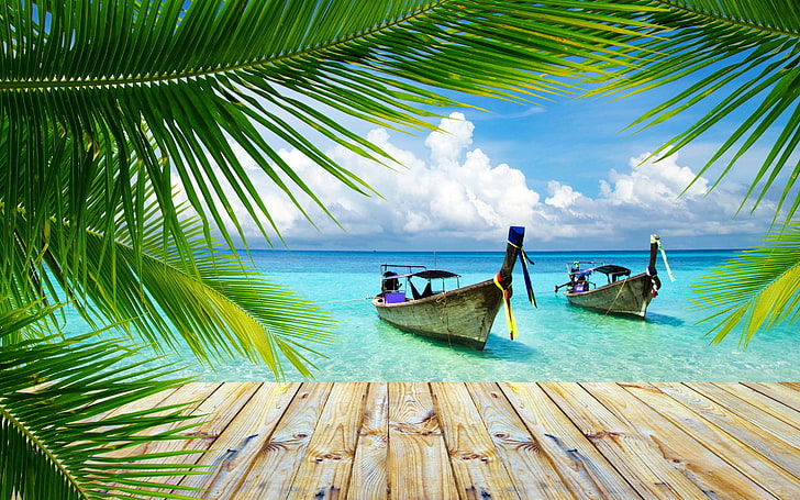 dos barcos marrones, naturaleza, paisaje, playa, tropical, palmeras, pasarela, barco, Tailandia, mar, verano, nubes, Fondo de pantalla HD
