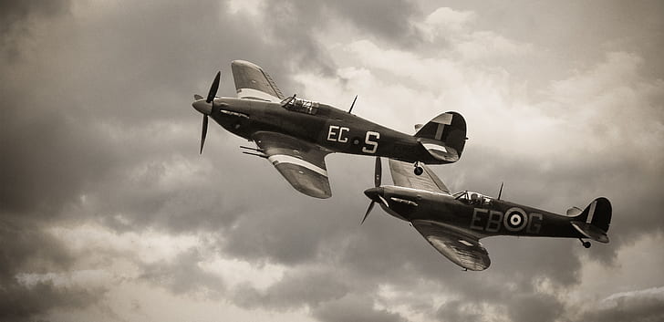 the sky, clouds, flight, the plane, Hawker Hurricane, Supermarine Spitfire, HD wallpaper