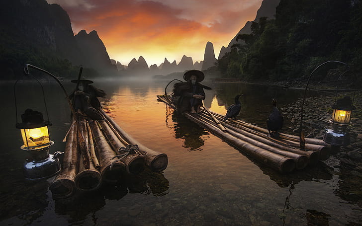 Solnedgång flammande himmel Li River fiskare med lyktor från byn kallas Xingping Kina Android bakgrundsbilder för ditt skrivbord eller telefon 3840 × 2400, HD tapet