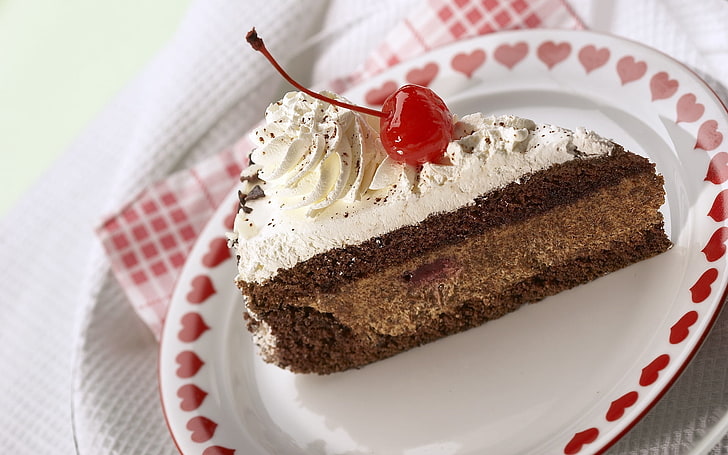 chocolate cake with cream and cherry on top, cherry, cake, chocolate, plate, hearts, HD wallpaper