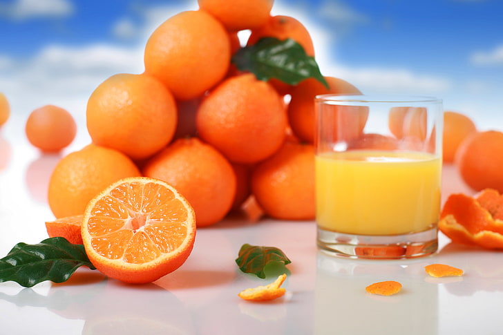 orange fruits, glass, oranges, juice, fruit, leaves, citrus, orange, peel, HD wallpaper
