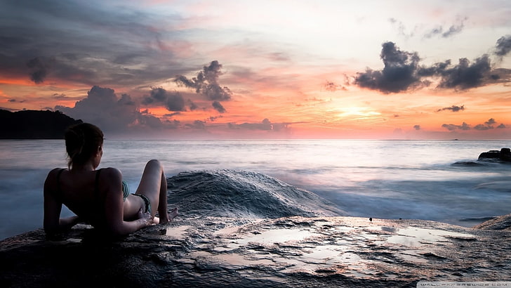 mulheres, pôr do sol, mulheres na praia, longa exposição, mar, silhueta, horizonte, HD papel de parede