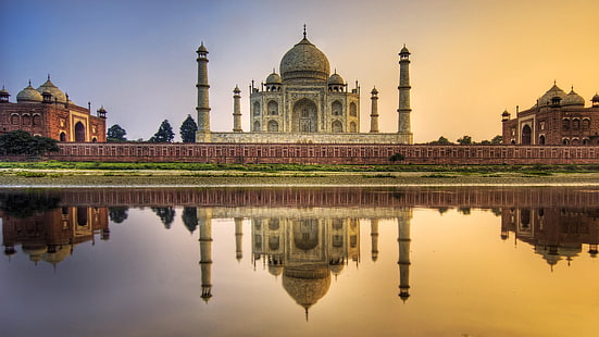 Taj Mahal, reflejado, edificio, río Yamuna, arquitectura, India, Agra, mausoleo, Fondo de pantalla HD HD wallpaper
